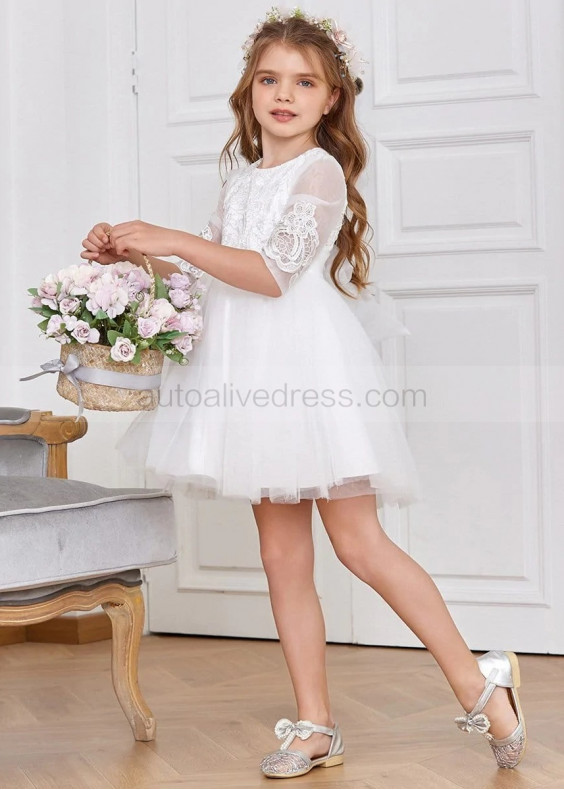 Elbow Sleeves Ivory Lace Tulle Minimalist Flower Girl Dress Elbow Sleeves Ivory Lace Tulle Minimalist Flower Girl Dress